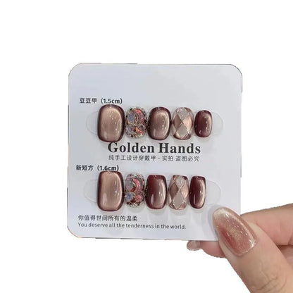 10pcs Press On Nails Lava Black Chocolate Maillard Check False Nail for Women&Girl Removable Wearable False Nail Art Daily Wear