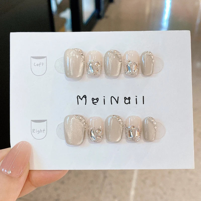 10Pcs Glitter Diamond Short Handmade Press On Nails Full Cover Irregular Rhinestone Design Cat Eye Ballet Fake Nails Manicure