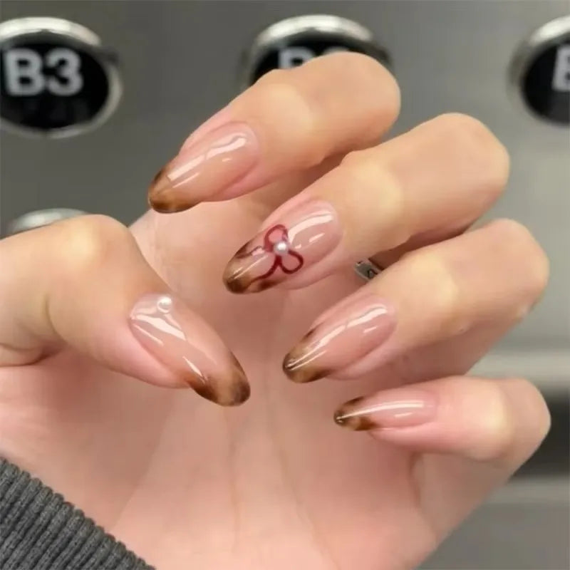 Leopard Print Ballet Fake Nails Art Almond False Nail Tip Charm Star Bowknot Flower Heart Cherry Pointed Press on Nails Manicure