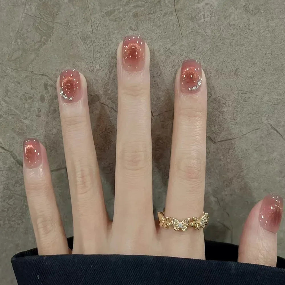 24pcs Crystal Cat Eye False Nails with Glue Short Square Press on Nails Shiny Red Jewel Nail Solid Color Fake Nails Minimalis