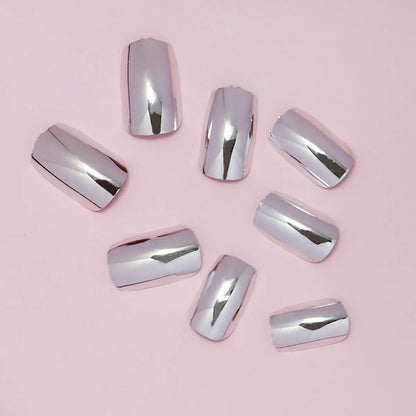 24pcs/set short fake nails metallic red black rose green blue silver golden square tips mirror effect press on false nail art
