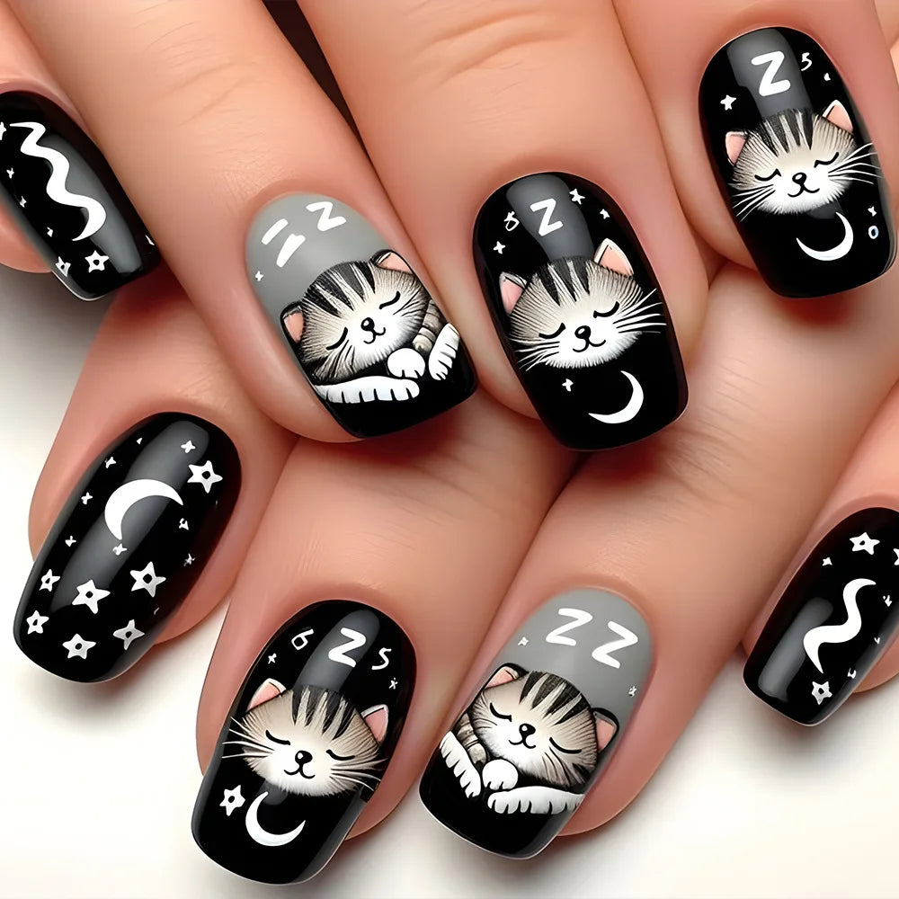 24pcs/set Medium long square fake nails for women starry sky gradient black blue purple moon star design press on false nails
