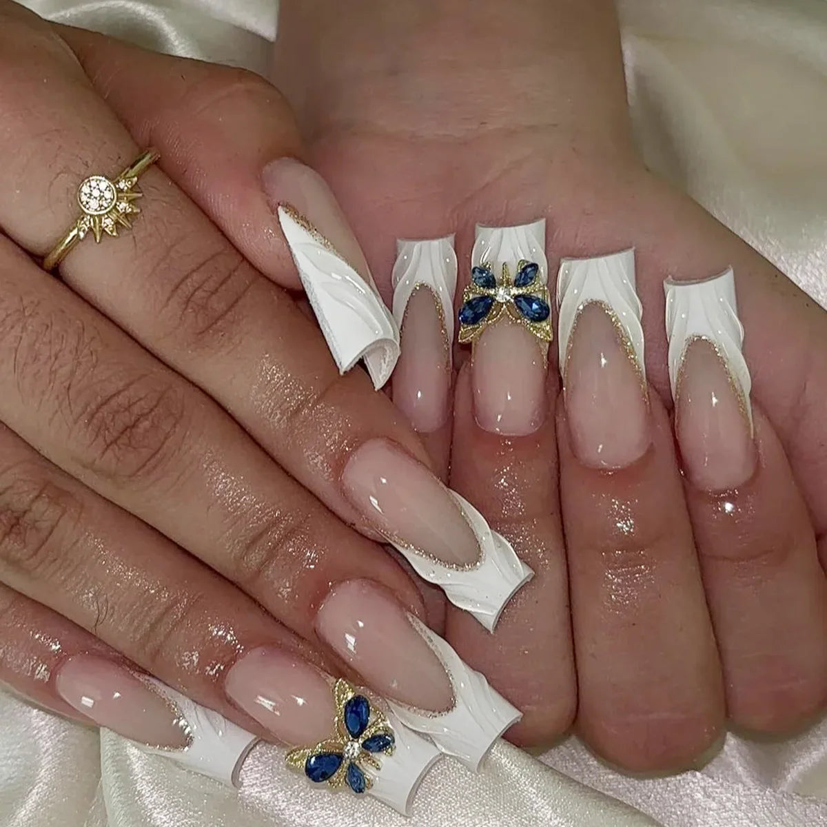 24Pcs Gold French Border False Nails Long Coffin False Nails with Rhinestones Ballerina Full Cover Nail Tips Press on Nails