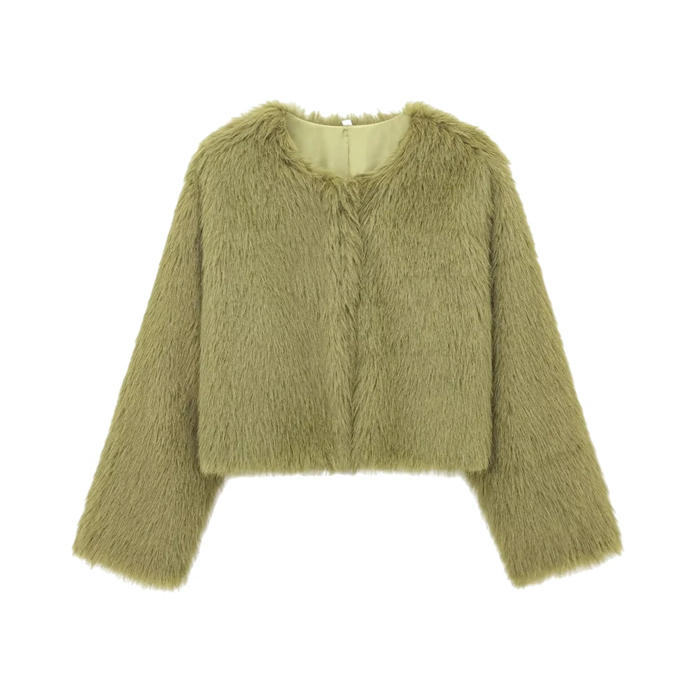 Women's Thick Warm Faux Fur Cropped Jacket, O Neck, Long Sleeve, Female Outerwear, Chic Tops, Fashion