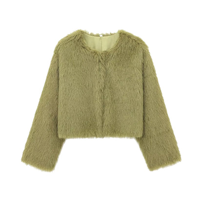 Women's Thick Warm Faux Fur Cropped Jacket, O Neck, Long Sleeve, Female Outerwear, Chic Tops, Fashion
