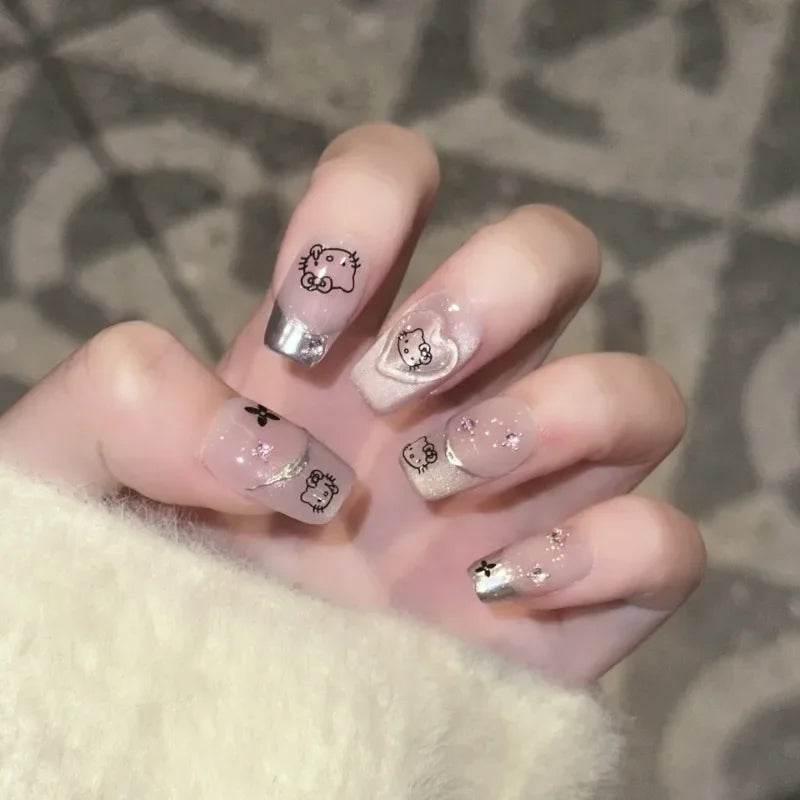 10PCS Purple Cat Eye Handmade Medium Square Fake Nails Sweet Cartoon Cat Patterns Silver French Press on Nails Korean Nail Tips