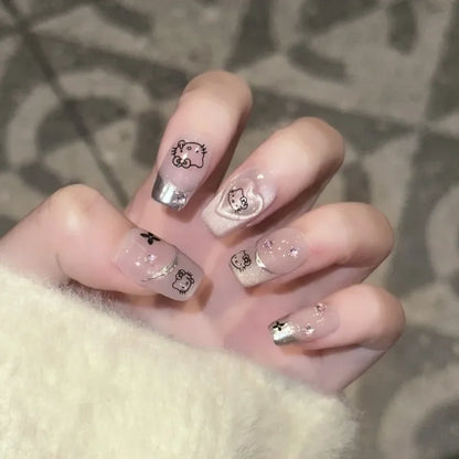 10PCS Purple Cat Eye Handmade Medium Square Fake Nails Sweet Cartoon Cat Patterns Silver French Press on Nails Korean Nail Tips