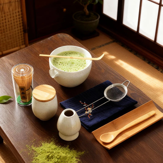 9PCS Japanese Matcha Set - Ceramic Bowl Bamboo Whisk Teaspoon Tea Strainer And Essential Tea Making Tools & Accessories