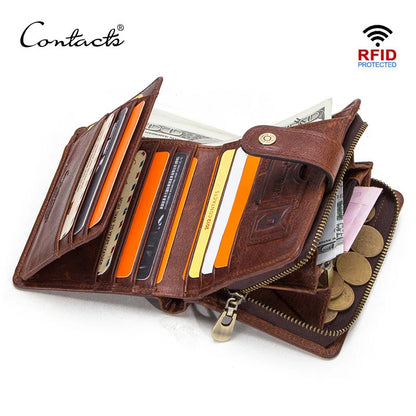 CONTACT'S Genuine Leather Short Wallets for Men RFID Vintage Coin Purse Card Holder Male Money Clip Women‘s Wallet Bag Handbag
