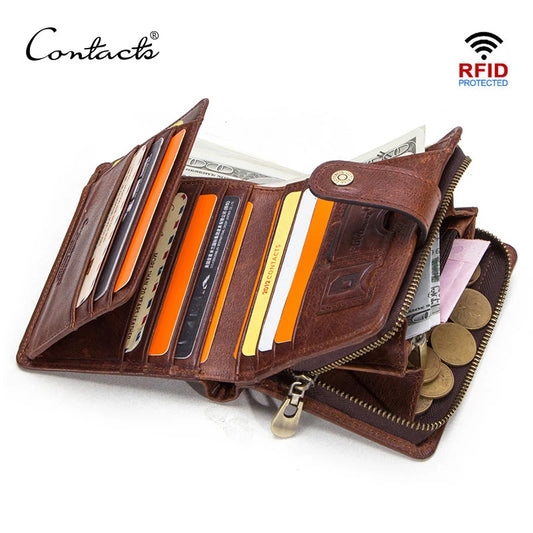 CONTACT'S Genuine Leather Short Wallets for Men RFID Vintage Coin Purse Card Holder Male Money Clip Women‘s Wallet Bag Handbag