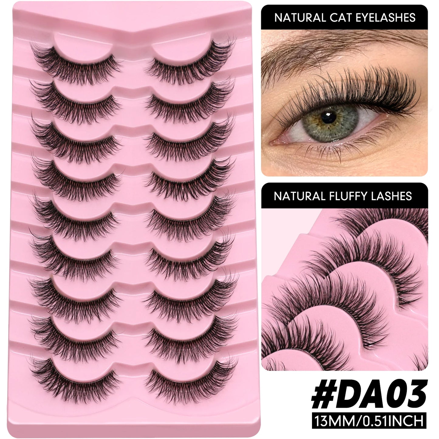 LASVIREY Fluffy Cat Eye Lashes Natural Mink Lashes Clear Band Natural Fluffy D Curl  Lashes Extension Full Strip False Eyelashes