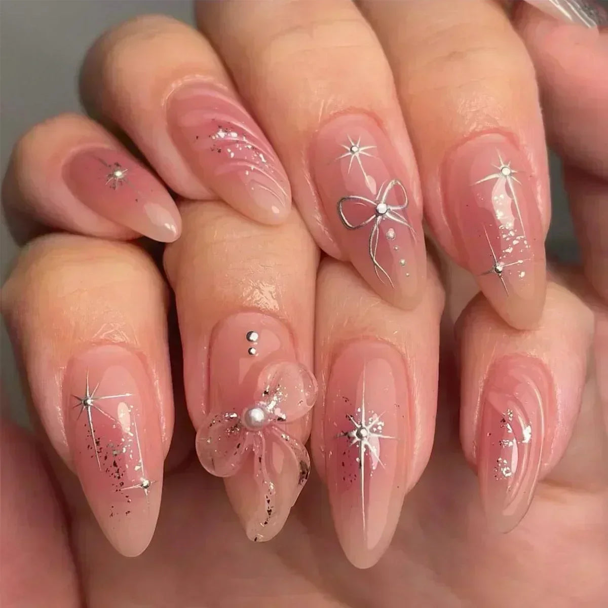 24Pcs White Almond False Nails Ballet with French Design Wearable Fake Nails Gradient Simple Full Cover Press on Nail Tips Art