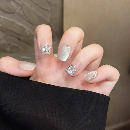 10Pcs Glitter Diamond Short Handmade Press On Nails Full Cover Irregular Rhinestone Design Cat Eye Ballet Fake Nails Manicure