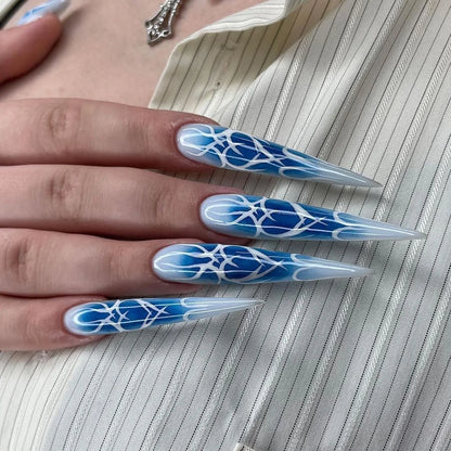 24pcs y2k Long Pointed False Nails Cool Girl Style Silver Flame Pattern Press on Nails Detchable Full Cover Fake Nail Patches