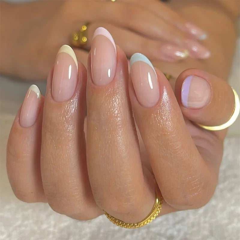 Nude Color Press On Nails 24Pcs Short Almond Fake Nails White French Tip Wearable False Nails Patches Women Girls DIY Manicure