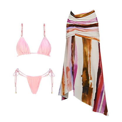 2Pcs Striped Swimsuit With Long Skirt Sexy Women Bikini Push Up Swimwear Halter Biquini Female Bathing Suit Slimming Beachwear