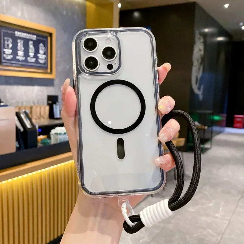 Airbag Shell Magnetic Short Hanging Rope Transparent Magsafe Case for IPhone 16 15 14 13 12 11 Pro Max Plus Shockproof HardCover