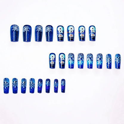 24pcs Glittering Blue & Purple Ombre Christmas Press-On Nails with Snowflake & Snowman Design - Medium Length Glossy False Nails