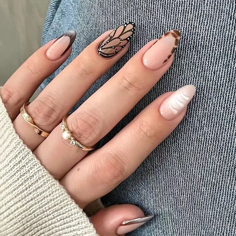 24Pcs Mid-length Blue Almond False Nails with 3D Shell Design Press on Nails Tips Butterfly Flower Pattern Datachable Fake Nail