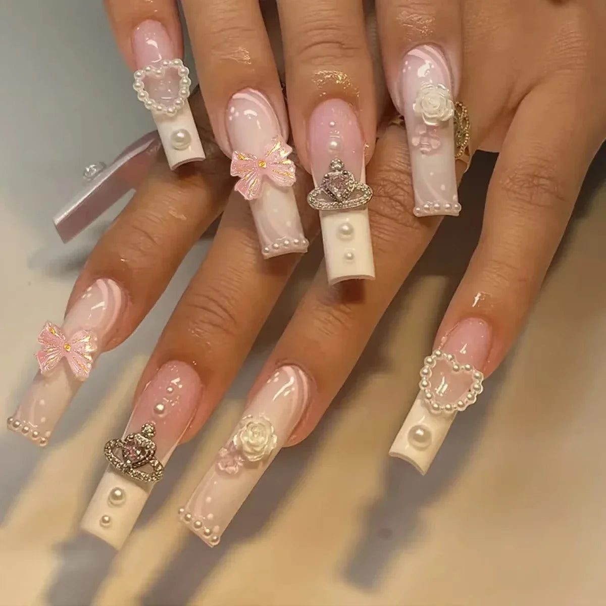 24Pcs Pearl heart Press on Nails Cross French Long Style Fake Nail for Women&Girl Removable Wearable Nail Art
