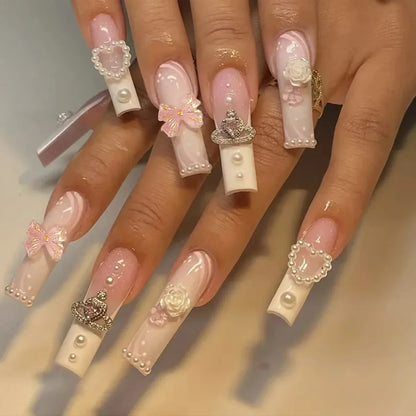 24Pcs Pearl heart Press on Nails Cross French Long Style Fake Nail for Women&Girl Removable Wearable Nail Art
