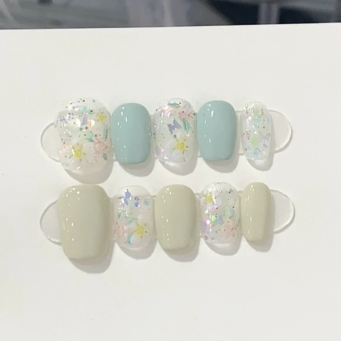 10Pcs Short Handmade Press On Nails Full Cover Flower Design Summer Colorful Rhinestone False Nails Wearable Manicure Nail Tips