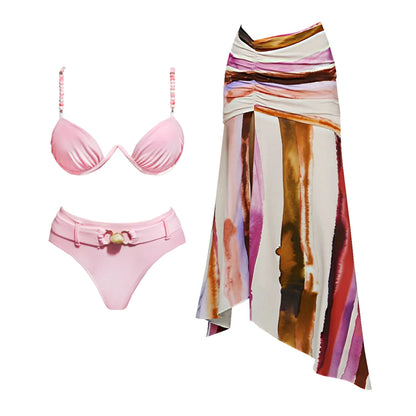 2Pcs Striped Swimsuit With Long Skirt Sexy Women Bikini Push Up Swimwear Halter Biquini Female Bathing Suit Slimming Beachwear