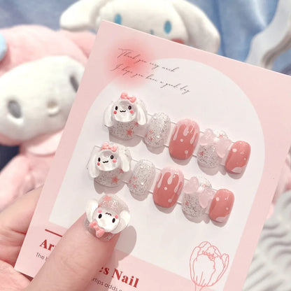 24Pcs Pink French Leopard Hello Kitty False nails 3D Y2k Star Heart Kitty Cat Rhinestones Press On Nails Cute Cartoon Fake Nails