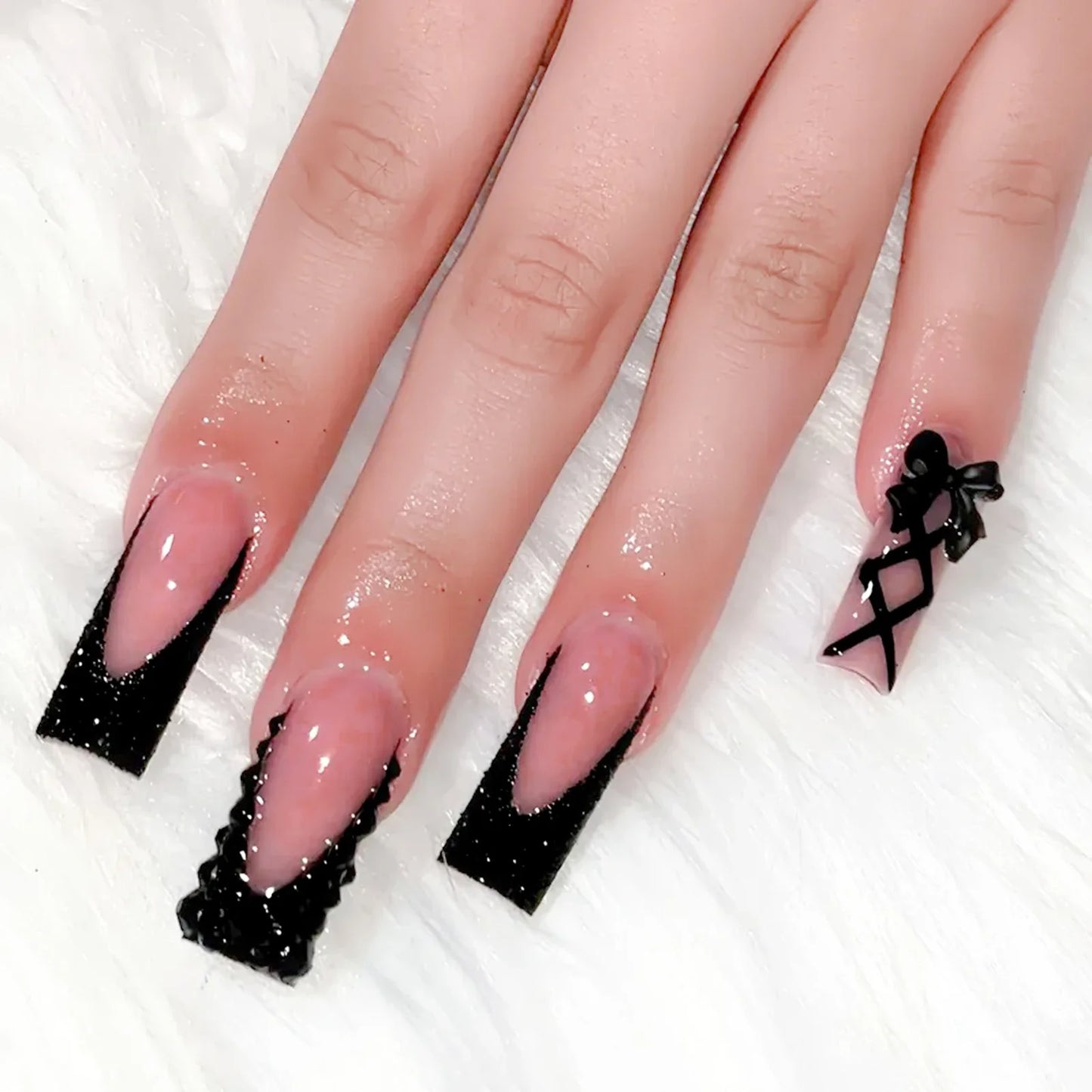 24pcs Long Ballet Press On Nails Black Cross Strap French Style Fake Naile With 3D Bowknot Decor Korean Reusable False Nail Tips