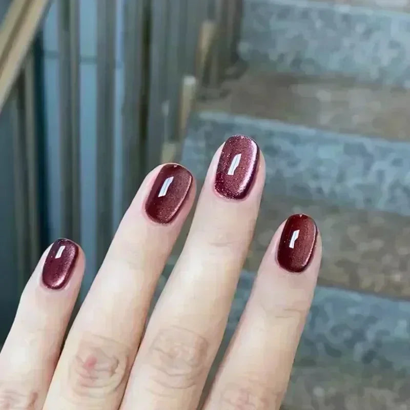 24pcs Crystal Cat Eye False Nails with Glue Short Square Press on Nails Shiny Red Jewel Nail Solid Color Fake Nails Minimalis