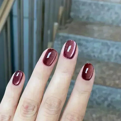 24pcs Crystal Cat Eye False Nails with Glue Short Square Press on Nails Shiny Red Jewel Nail Solid Color Fake Nails Minimalis