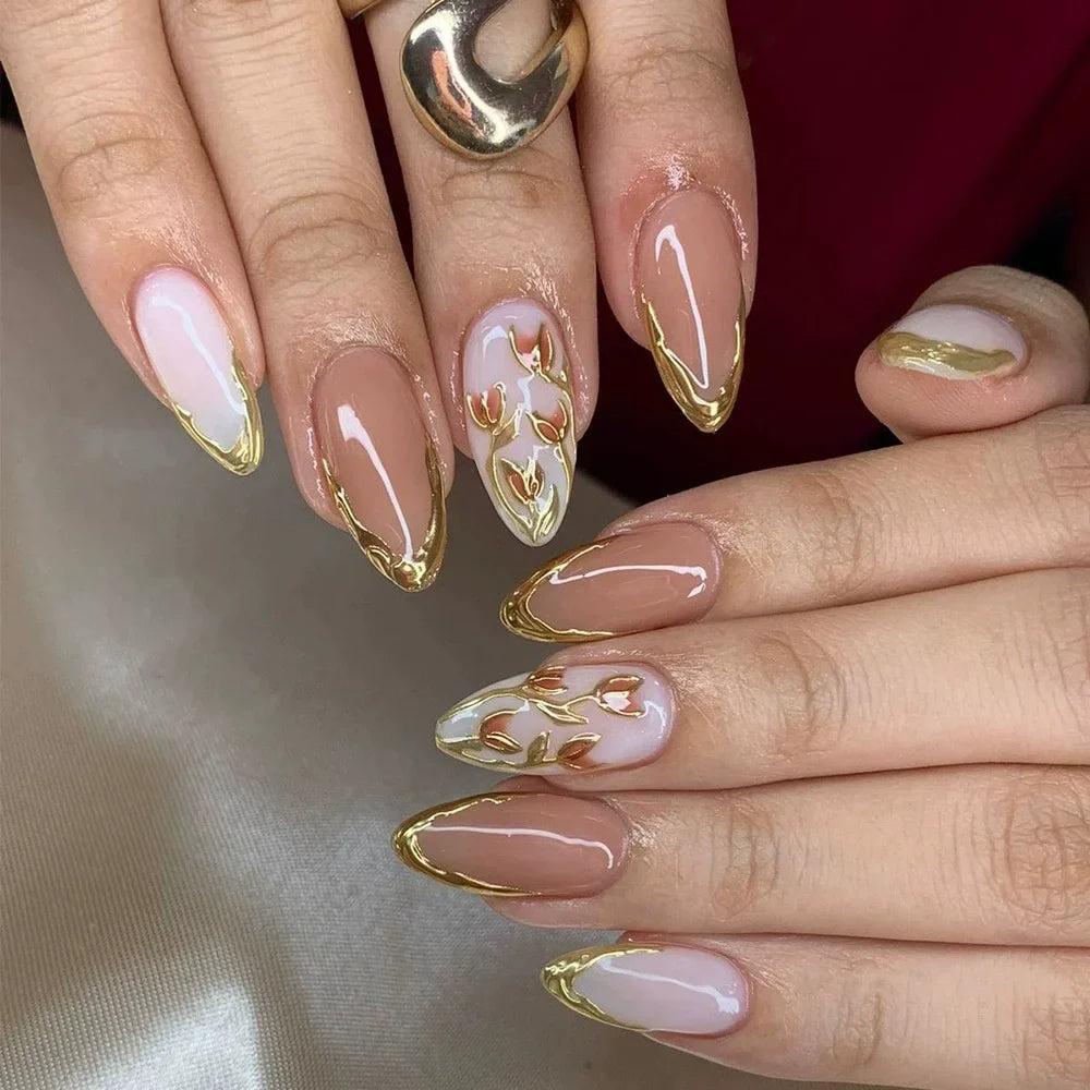 24pcs Pink Flower Almond Press on Nails Simple Fake Nails False Nails Artificial Tip Накладные Ногти Uñas Postizas Mujer 네일팁