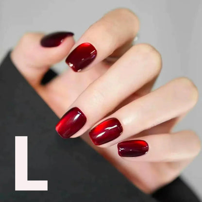 10PCS S/M/L red cat eye short square fake nailsart set with removable fake nails for festivals