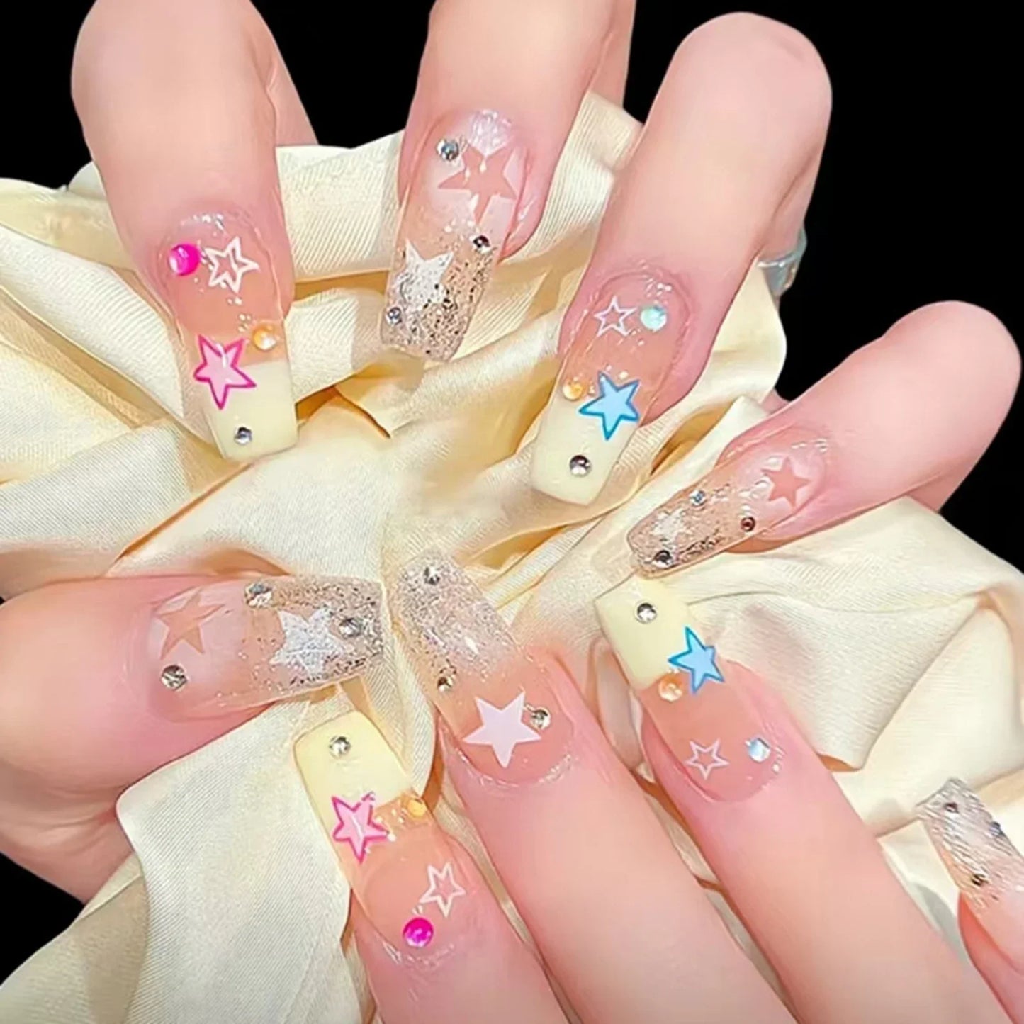 Wearable Stars Y2k Nails Press On Short Square 24pcs Fake Nails Silver Stripes False Nails Decoration Glitter Nail Tips Finished