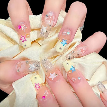 Wearable Stars Y2k Nails Press On Short Square 24pcs Fake Nails Silver Stripes False Nails Decoration Glitter Nail Tips Finished