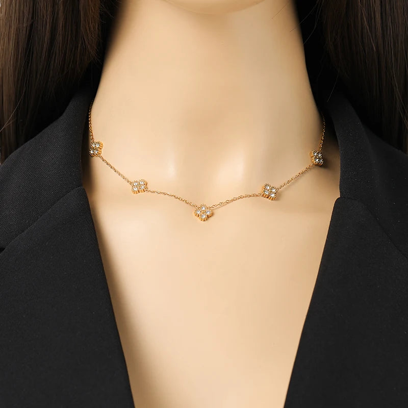GANEMLY 316L Stainless Steel Clover Flower Zircon Necklace For Women 2025 Fashion Clavicle Neck Chain Waterproof Jewelry Gift