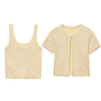 UNIZERA Fashion Temperament Sequin Knitted Jacket + Knitted Camisole Top Women's Clothing 2025 Summer New Products Set