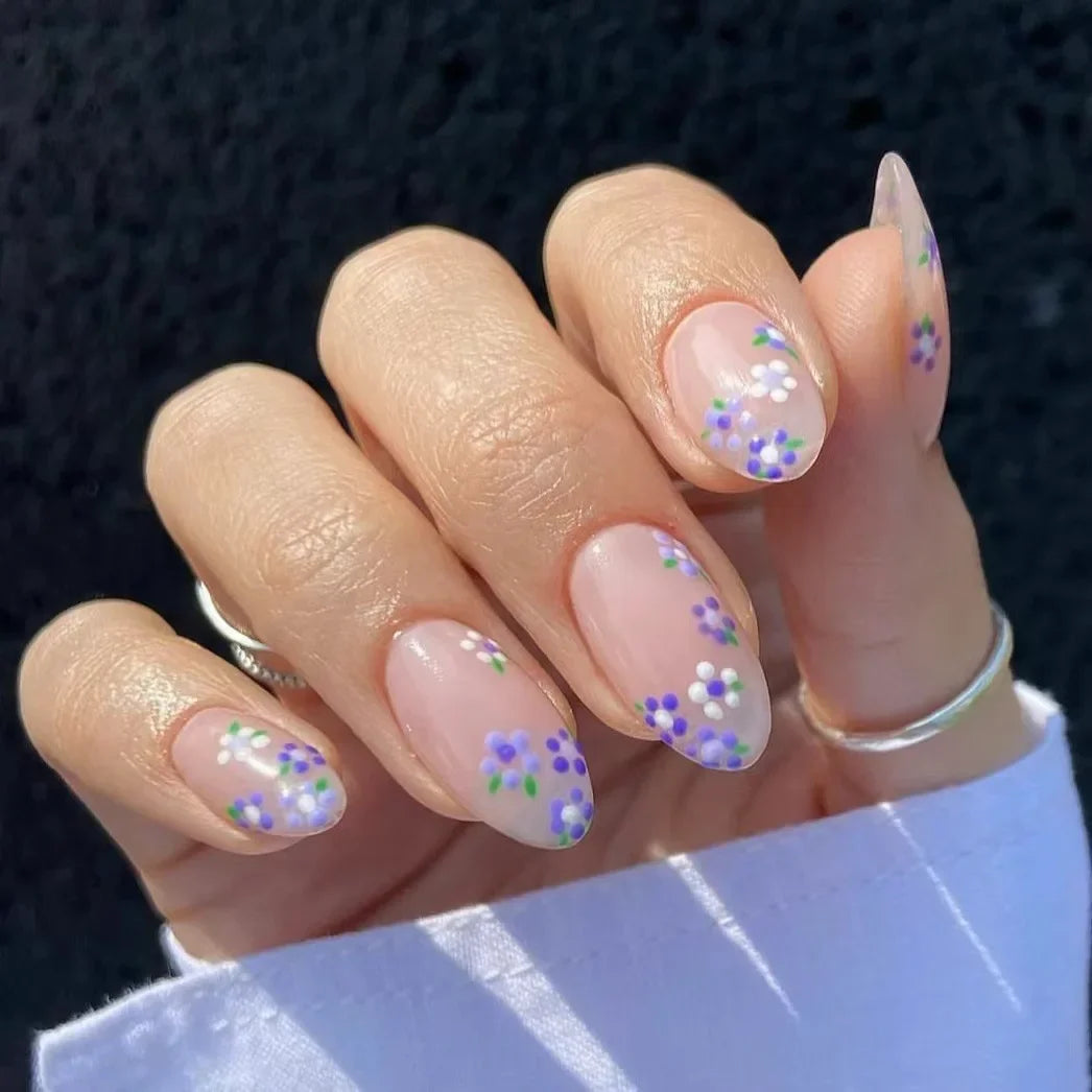 24Pcs Short Almond Press-On Nails Pink Floral French Tip Glossy&Elegant Full Cover Fake Nails for Women&Girls Spring,Daily Wear