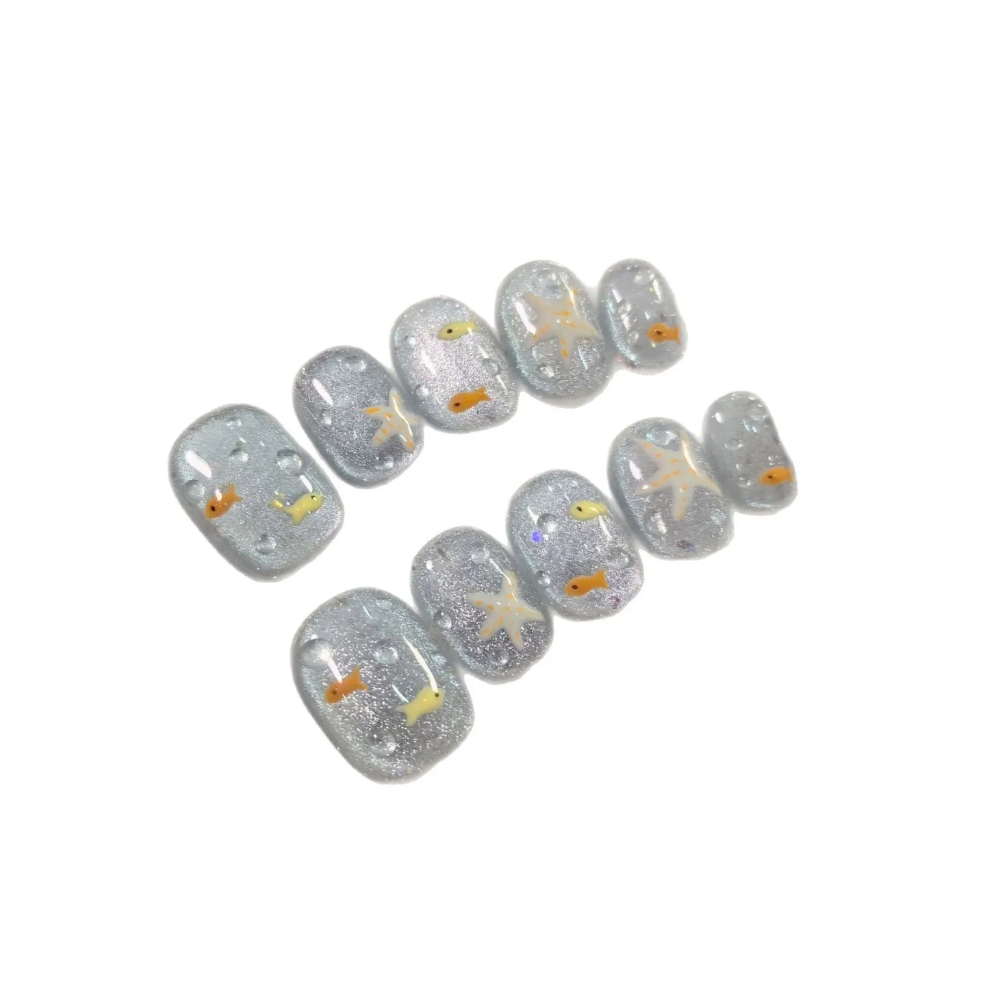10pcs/set Handmade Press-On Nails - Blue Glossy Fish & Bubbles Design Short Oval Fake Nails with Cat Eye Effect False Nails