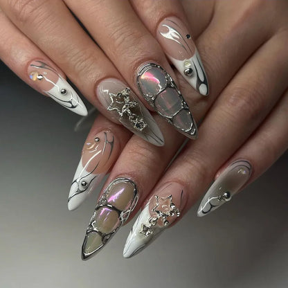 24Pcs Solid Color Grey Almond Fake Nail Cat's Eye Design Wearable Round Head False Nails with Shiny Powder Press on Nails