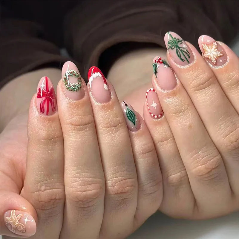 2025 Christmas Press on Nails Red/Green French Almond Shiny Fake Nails for Women Girls Manicure Wearable INS Simple False Nails