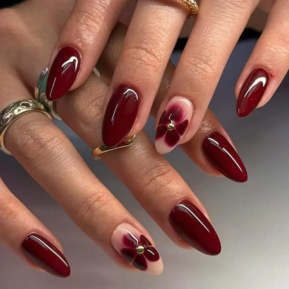 Fashion Brown Flowers Nude Color Nail Art Gold French Almond False Nails Detachable Finished Fake Nails Press on Nails with Glue