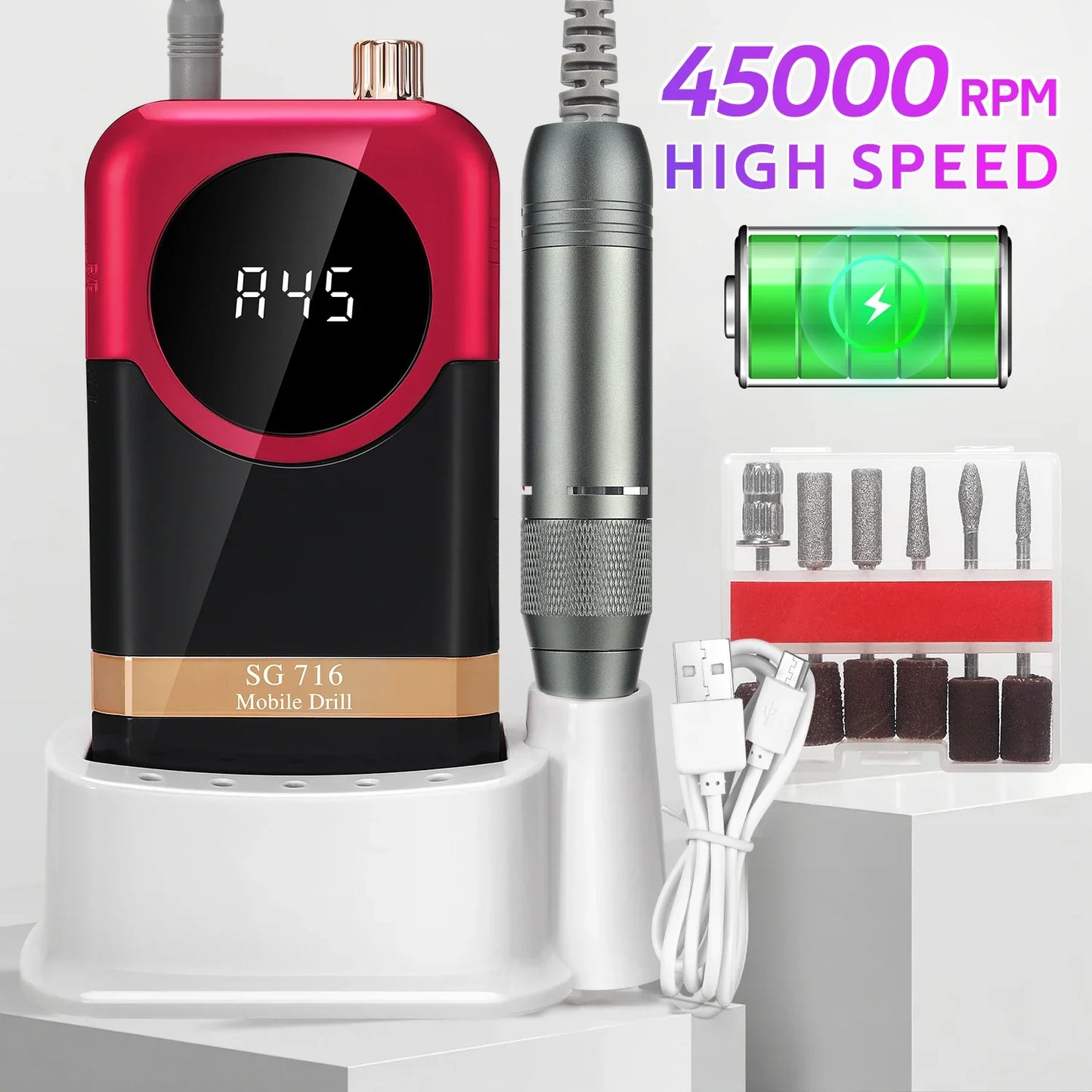 DianaBeauty 45000RPM Rechargeable Nail Drill Machine Desktop Polishing Machine Electric Nail File 1800mAh Battery Nail Tools