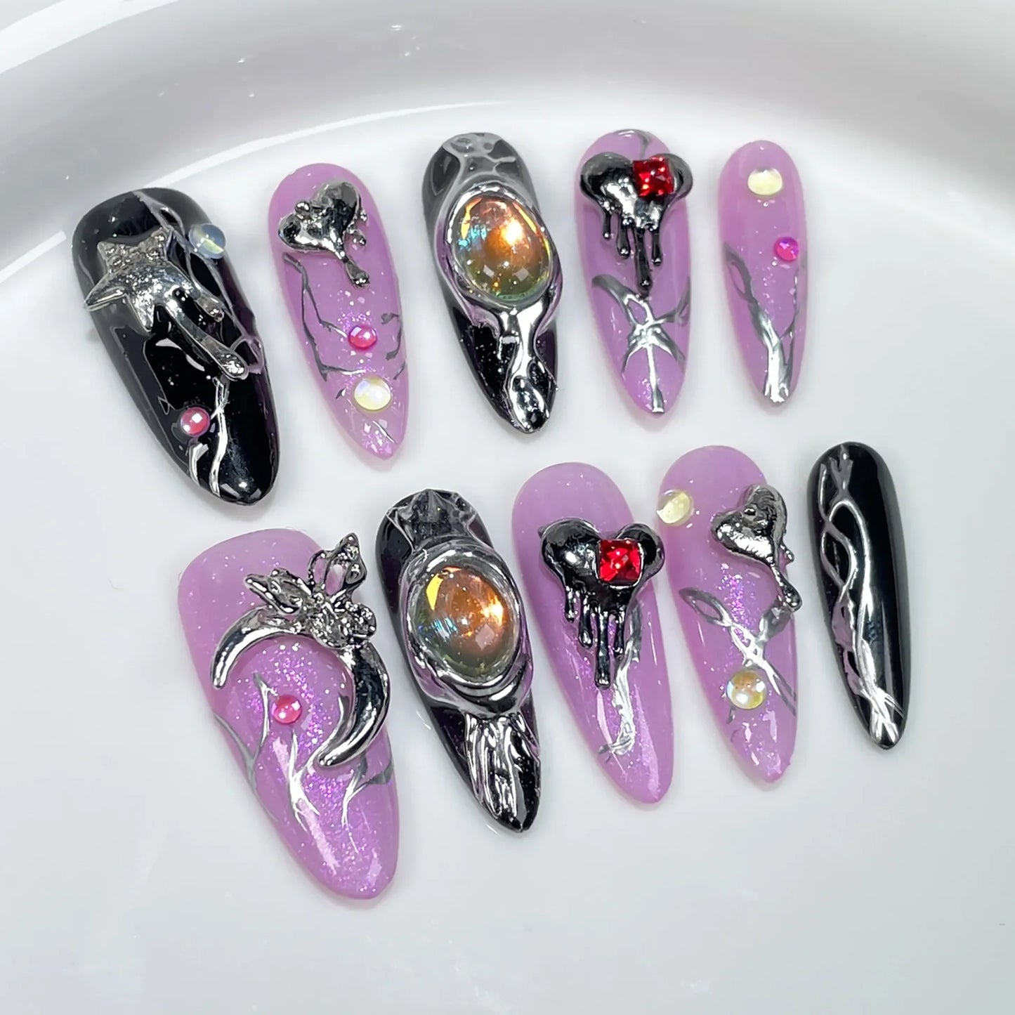 10pc Stiletto Almond Press On Nails Dark Black Fake Nails With Butterfly Star Design Hot Girl Detachable Full Cover Nail Art Tip