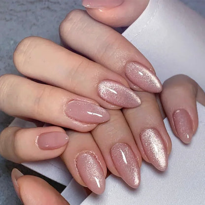 24Pcs Solid Color Grey Almond Fake Nail Cat's Eye Design Wearable Round Head False Nails with Shiny Powder Press on Nails