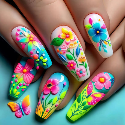 24Pc Colorful Sunflower Pattern Design Fake Nails Detachable Long Ballet Press on False Nails Fashion Nails Art Tips for Spring.