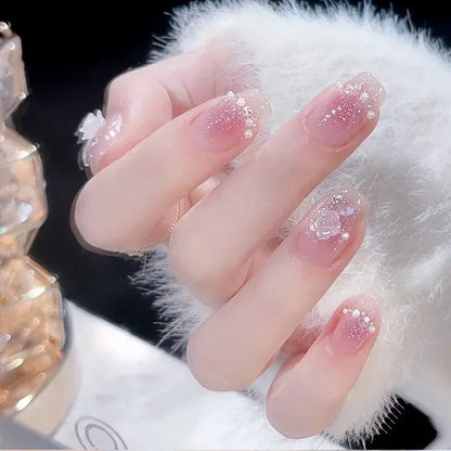 24Pcs Glitter Diamond Press On Nails Sweet Cute Girl Acrylic Nails Full Cover Short Square Fake Nails Wearable Manicure Nail Tip