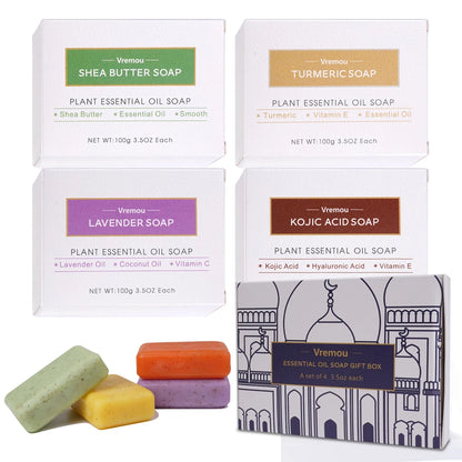 4 Pack Of Natural Plant Essential Oil Soap, Kojic Soap, Turmeric Soap, Moisturizing Cleansing Soap - Bath Body Soap Gift Box