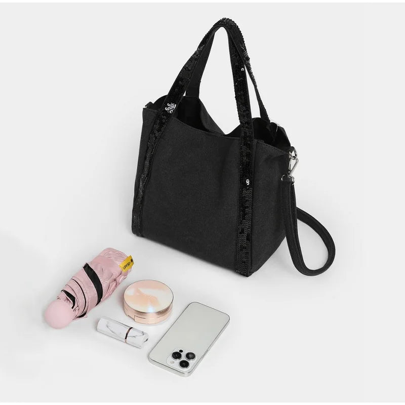 Retro Large-capacity Canvas Tote Bag Brand Contrast Color Sequins Highquality Handbag Unisex Large Travel Shoulder Messenger Bag
