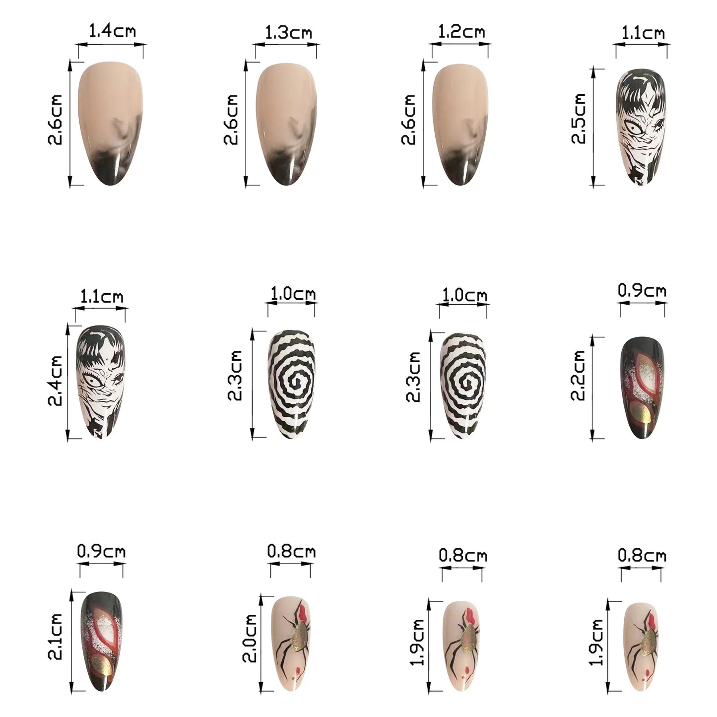 24pcs Black Spider Fake Nails y2k Punk Style Girls Painted False Nails Full Cover Wearable Japanese Almond Press On Nails Tips